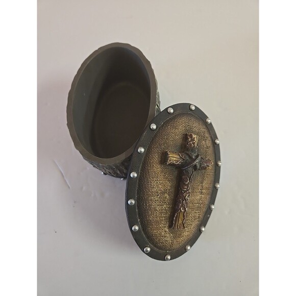 Western Cross Trinket Box Oval Rustic Wood Resin Brown Decorative Storage Box - Picture 1 of 10